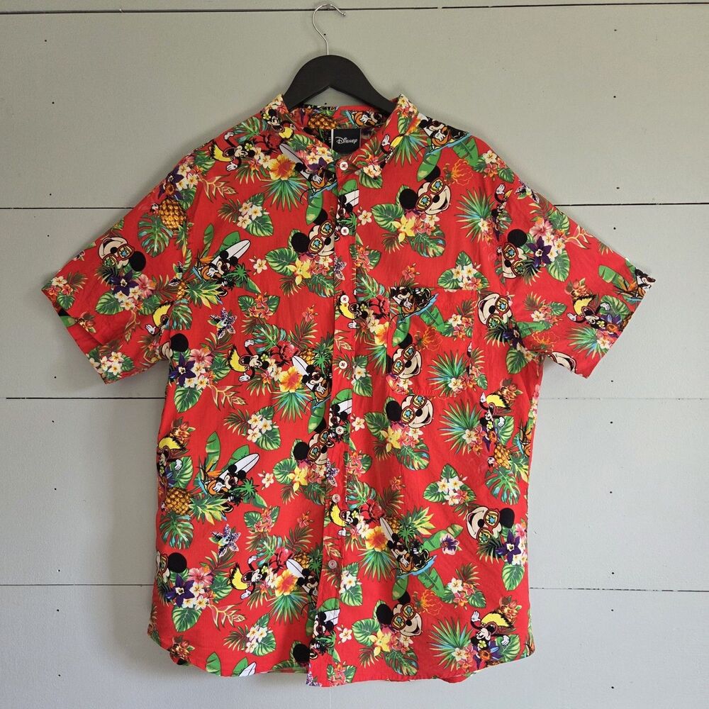 Disney Mickey Mouse Men's Hawaiian Floral Cotton/Rayon Button-Up Shirt 2XL Red
